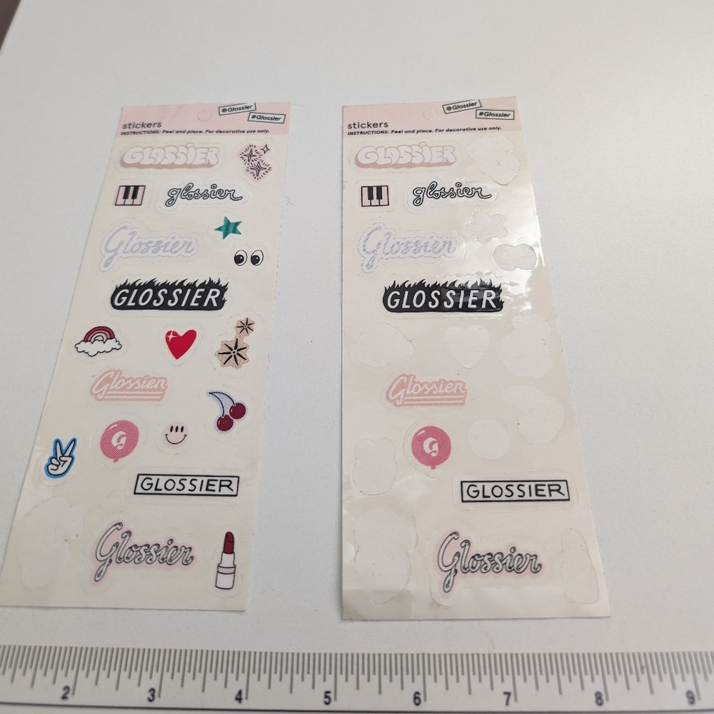 GLOSSIER STICKERS pair of 2 long sheets, some stickers removed, see photos